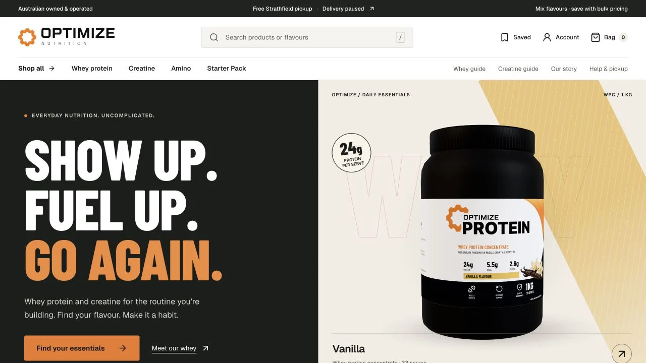 Optimize Nutrition storefront with bold orange typography and whey protein product imagery