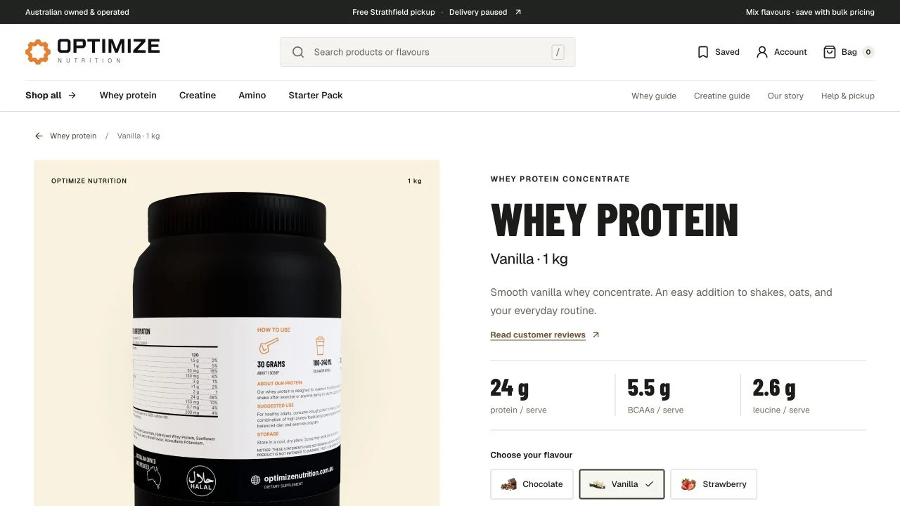 Optimize Nutrition vanilla whey product page with flavour selection and serving information