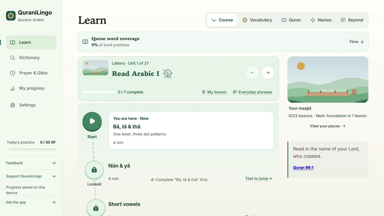QuraniLingo light-mode course with a guided Arabic lesson path and growing masjid