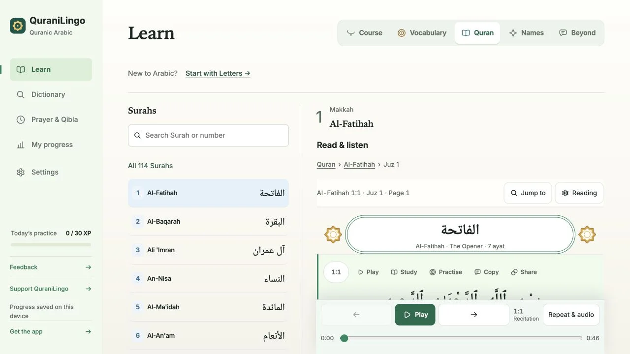 QuraniLingo light-mode Quran reader with surah navigation and recitation controls
